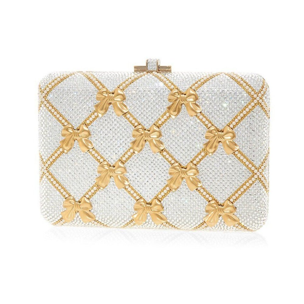Judith Leiber Slim Slide Bow Crystal Champagne Metal Clutch Bag
